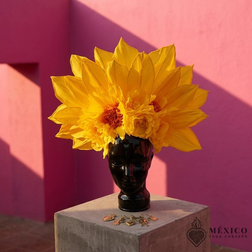 Sun Flower  Traditional Mexican day of the dead  – Handmade crepe paper 23x18x5